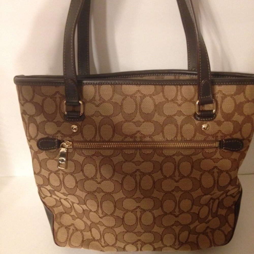 Coach brown khaki sig jacquard & leather tote bag - Picture 2 of 5